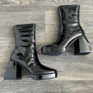 NEW Lulus Size 11 Edmen Black Patent Platform Mid Calf Boots Zip Up Block Heel